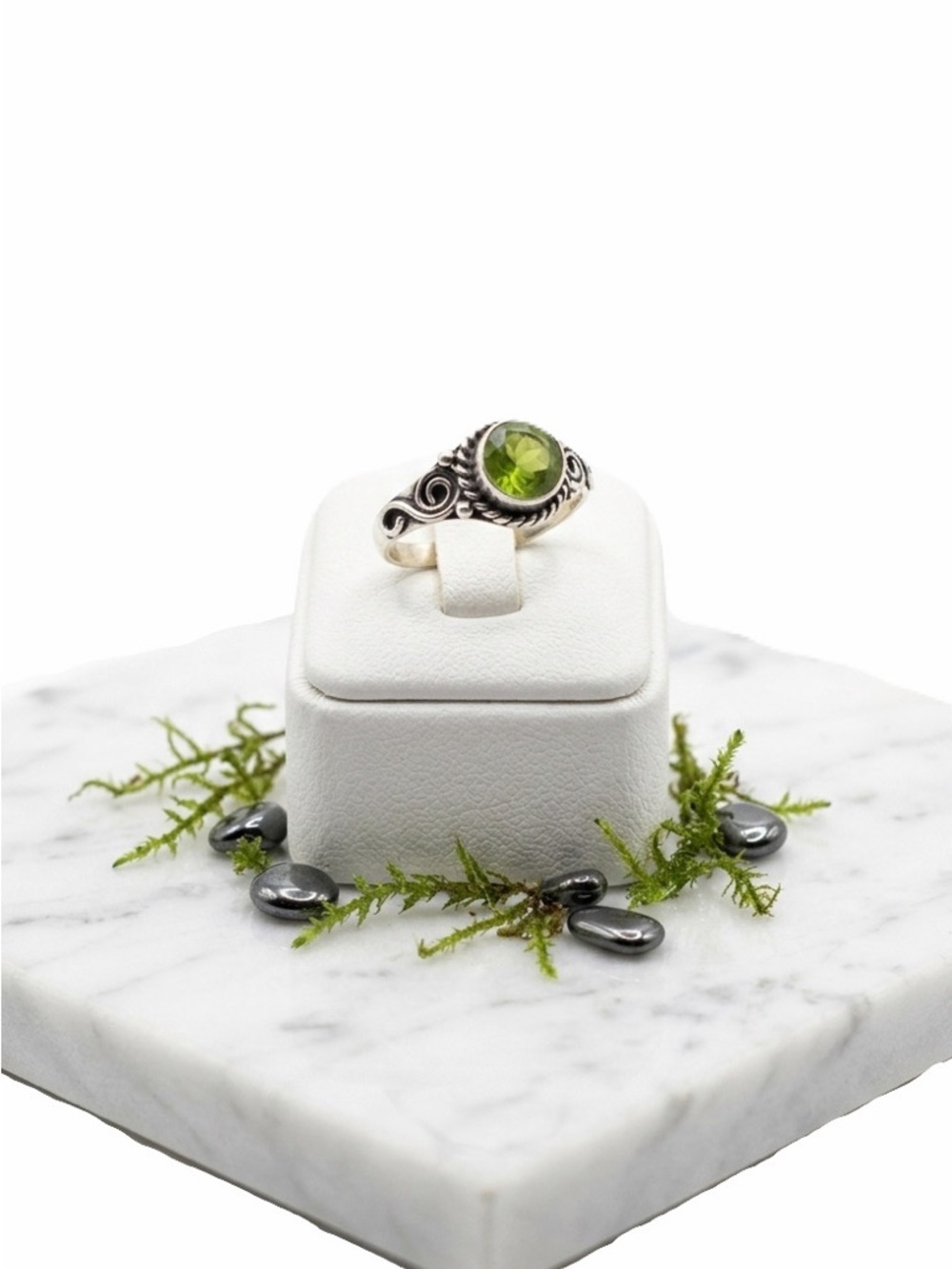 New Artisan Green Natural Peridot Cut Stone 925 Sterling Silver Swirl Ring OOAK